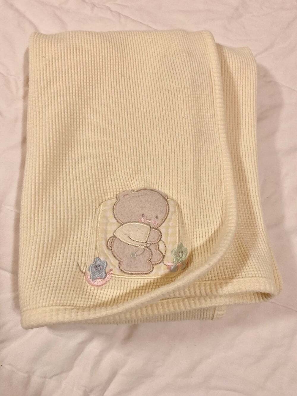 Yellow Waffle Weave Baby Blanket Simply Basic Pink Bear 100% cotton